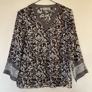 Chico’s Silk Black and White blouse, semi transparent, size M